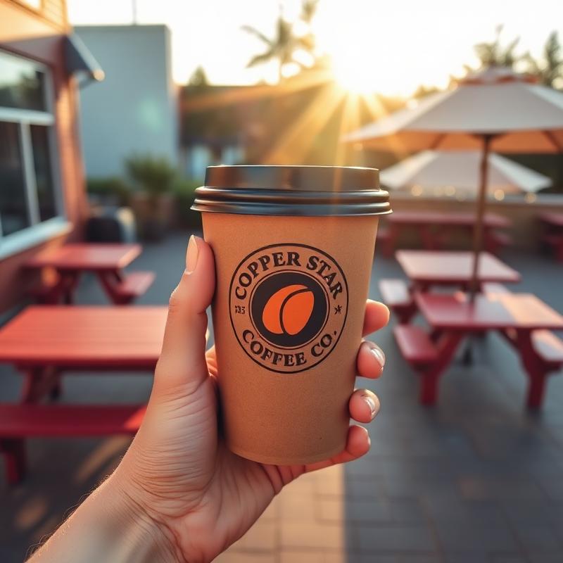 Customer holding a Copper Star coffee cup on the patio