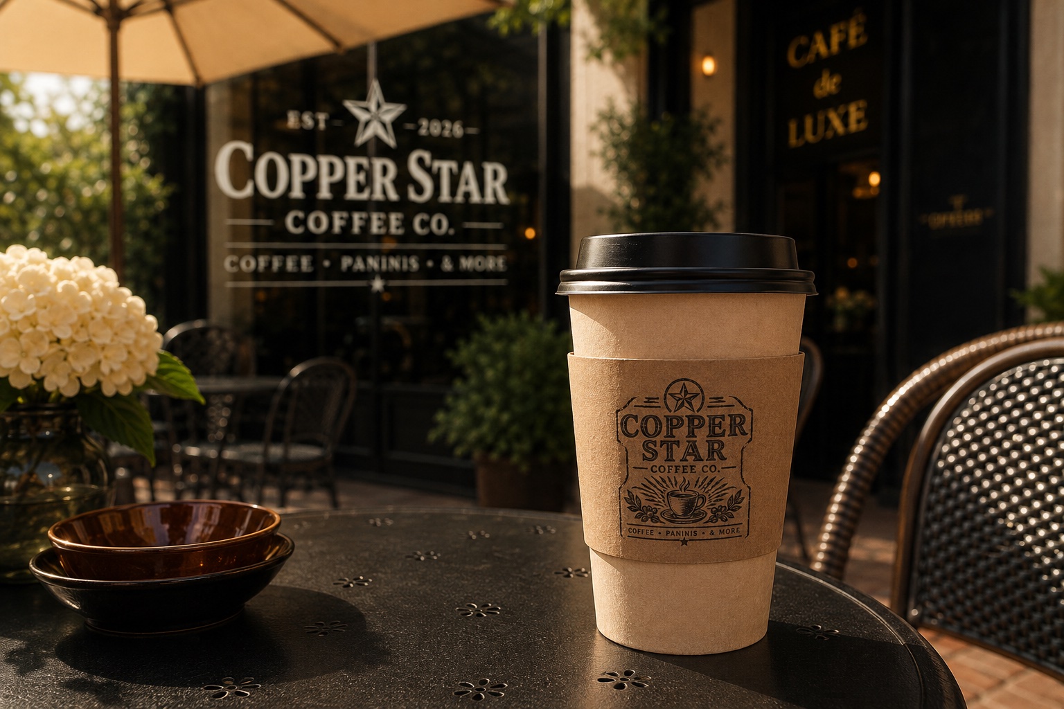 A Copper Star takeaway cup on an outdoor bistro table with the storefront in the background