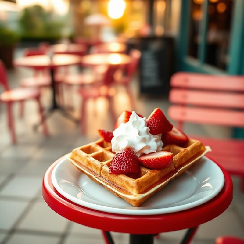 Belgian waffle with strawberries and whipped cream