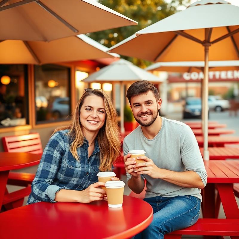 Friends enjoying coffee under the umbrellas